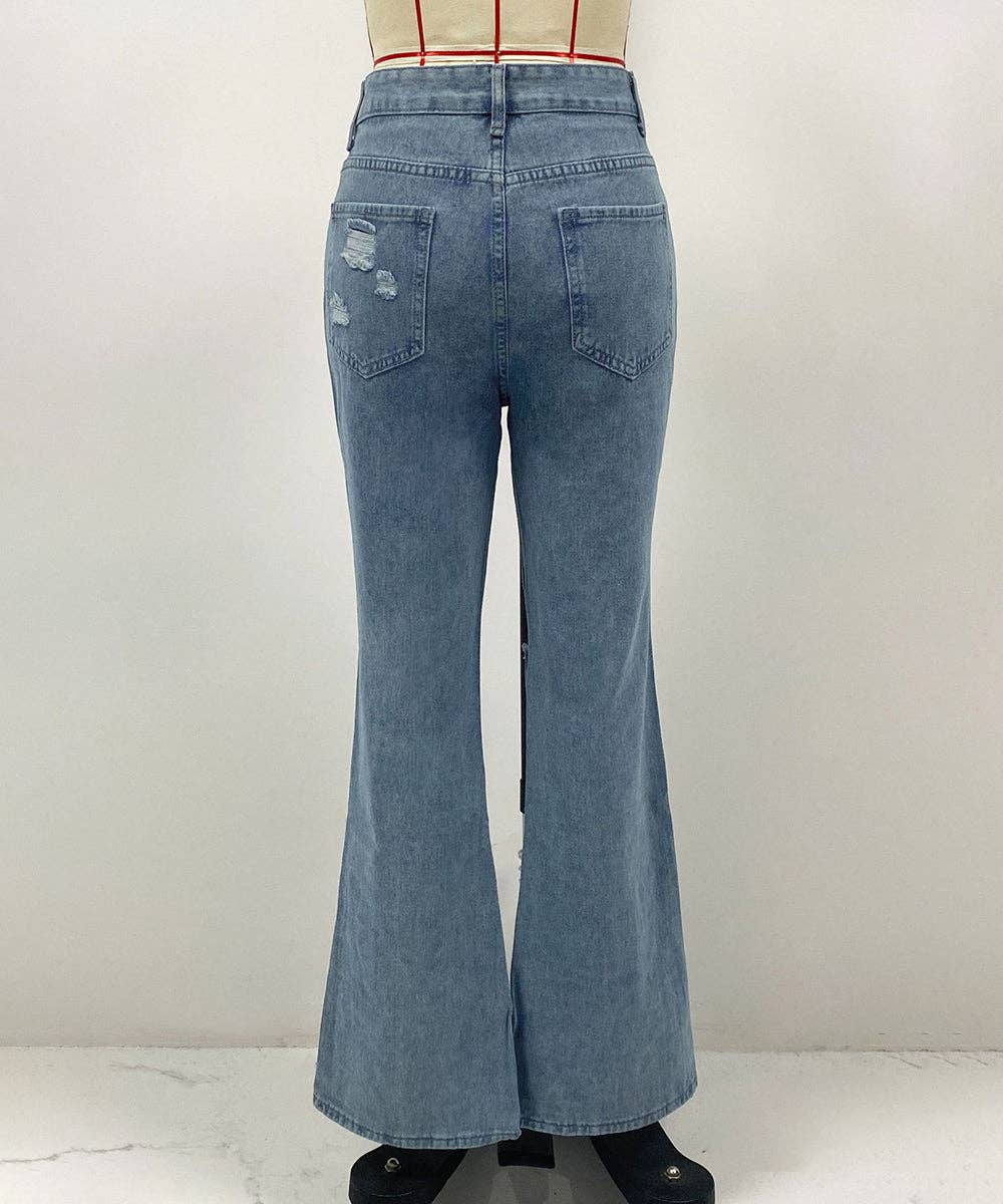 Light Blue High-Waist Distressed Split Hem Jeans for wholesale on Faire4