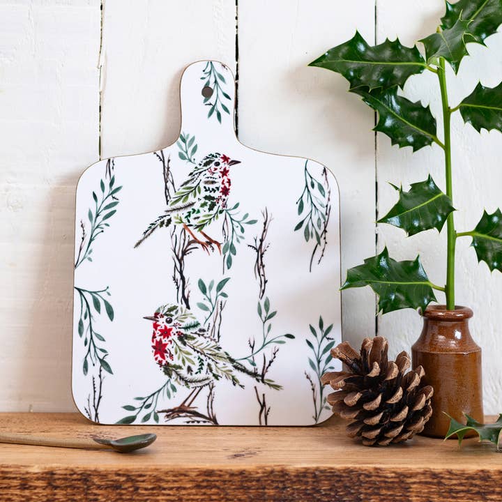 Sarah Leask Studio – wholesale Cutting board – Poinsettia Robin Mini Chopping Board