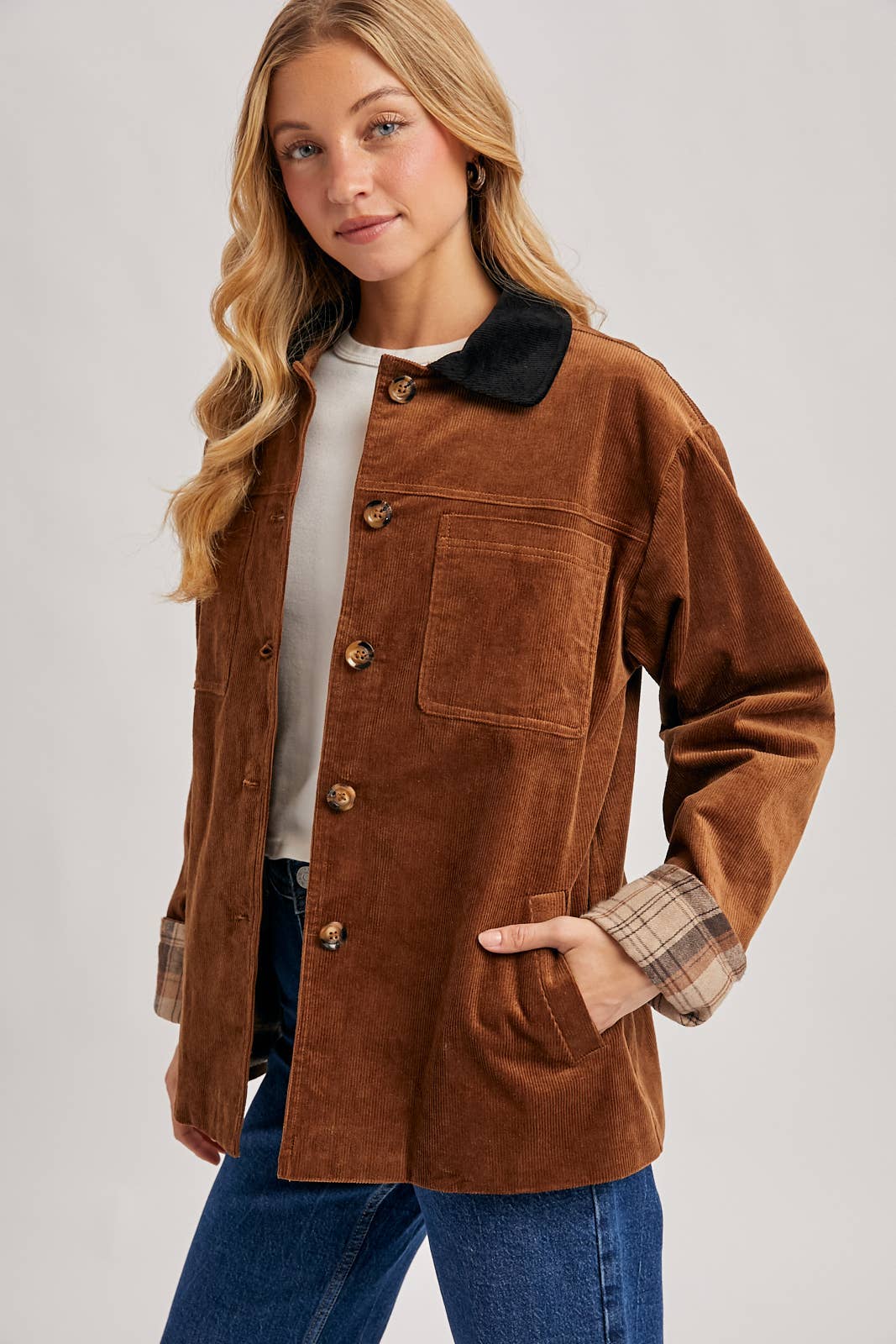 Bluivy - Wholesale Coat - Women's - CORDUROY BUTTON DOWN BARN COAT INNER PLAID