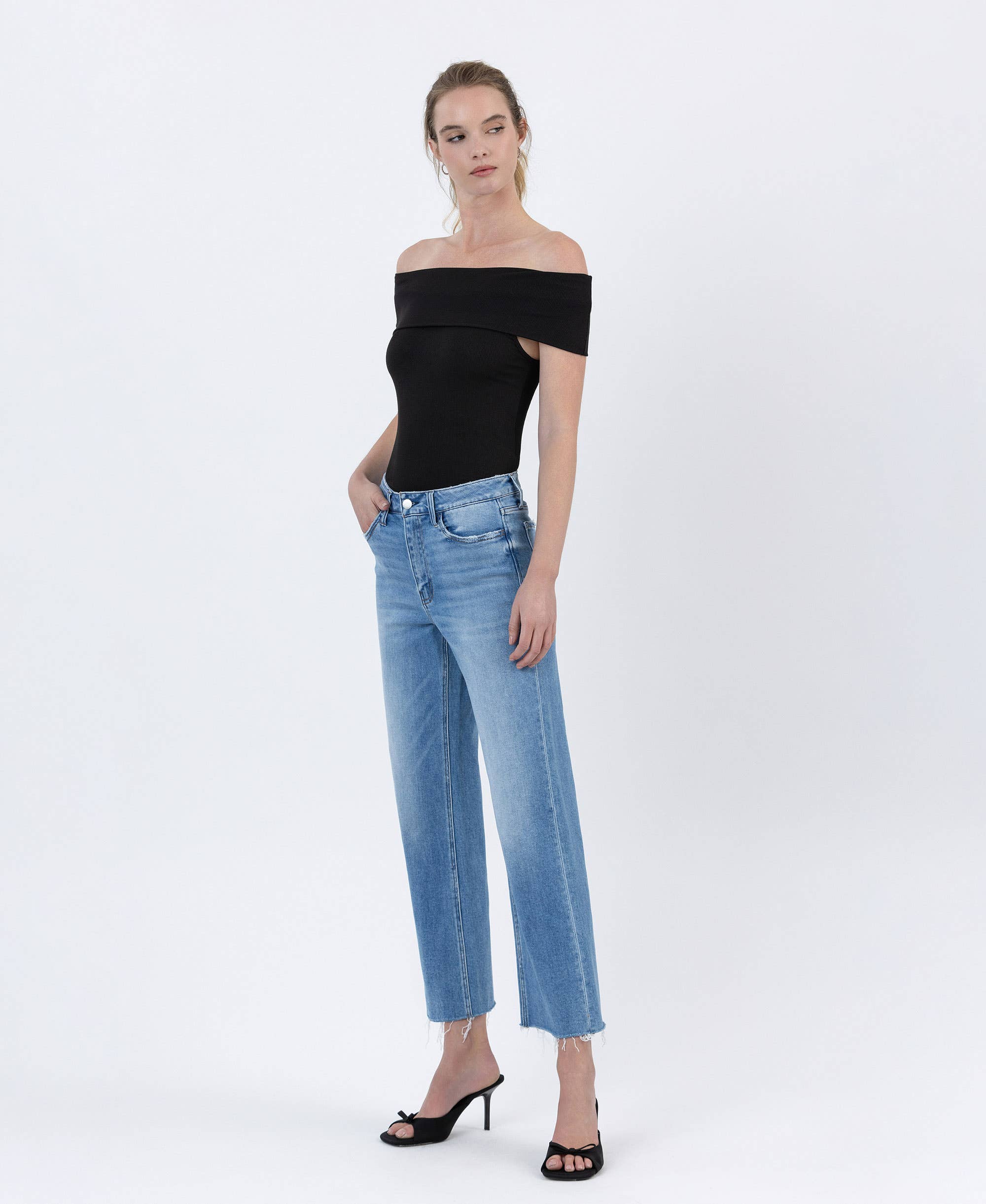 WELL BALANCED HIGH RISE RAW HEM CROP SLIM WIDE JEANS F6086 for wholesale on Faire7