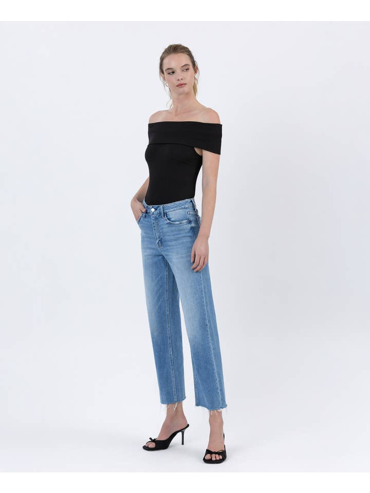 WELL BALANCED HIGH RISE RAW HEM CROP SLIM WIDE JEANS F6086 for wholesale on Faire7