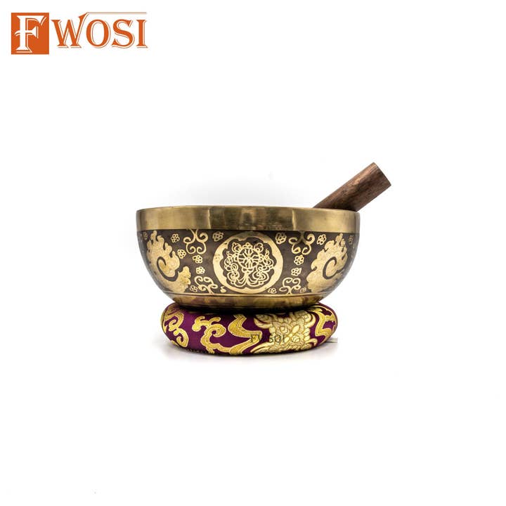 Fwosi - Wholesale Meditation Supplies - Sound Bowl Meditation Set | Hand Crafted Goddess Saraswati Healing Bowl | Antique Tibetan Singing Bowl with Mallet & Cushion for Yoga