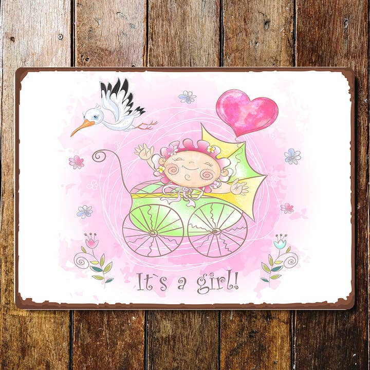 The British Metal Signs Company - Wholesale Sign - It's A Girl Stork Pushchair Metal Wall Sign Plaque