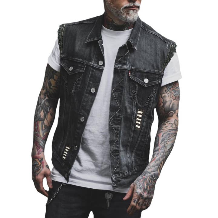 preto/cinza Colete de trabalho casaco sem mangas com estampa jeans para homem para venda a revendedores na Faire