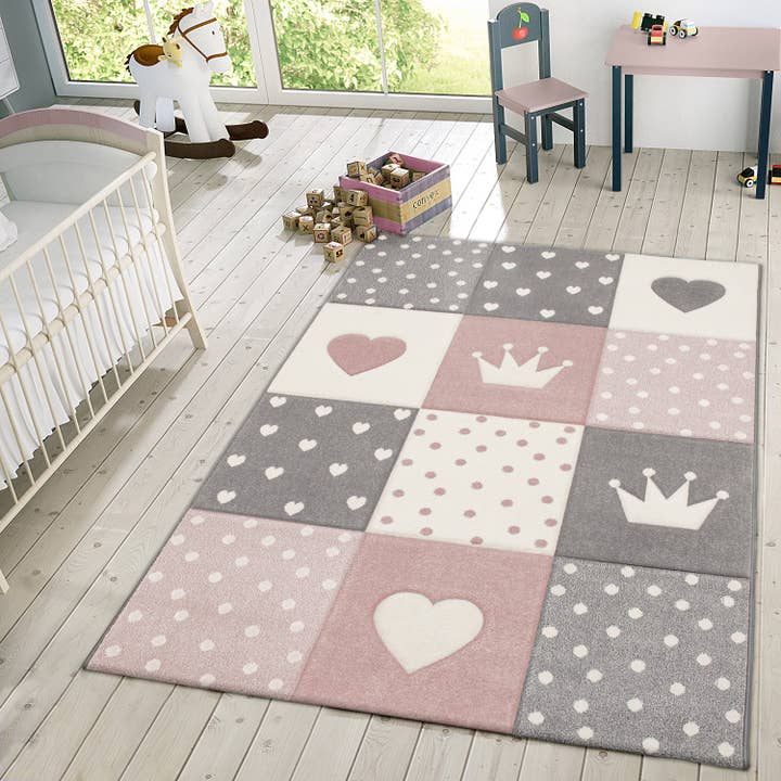 Kids Rug Dots Hearts Crowns Checked White Pink Pastel for wholesale by Paco Home
