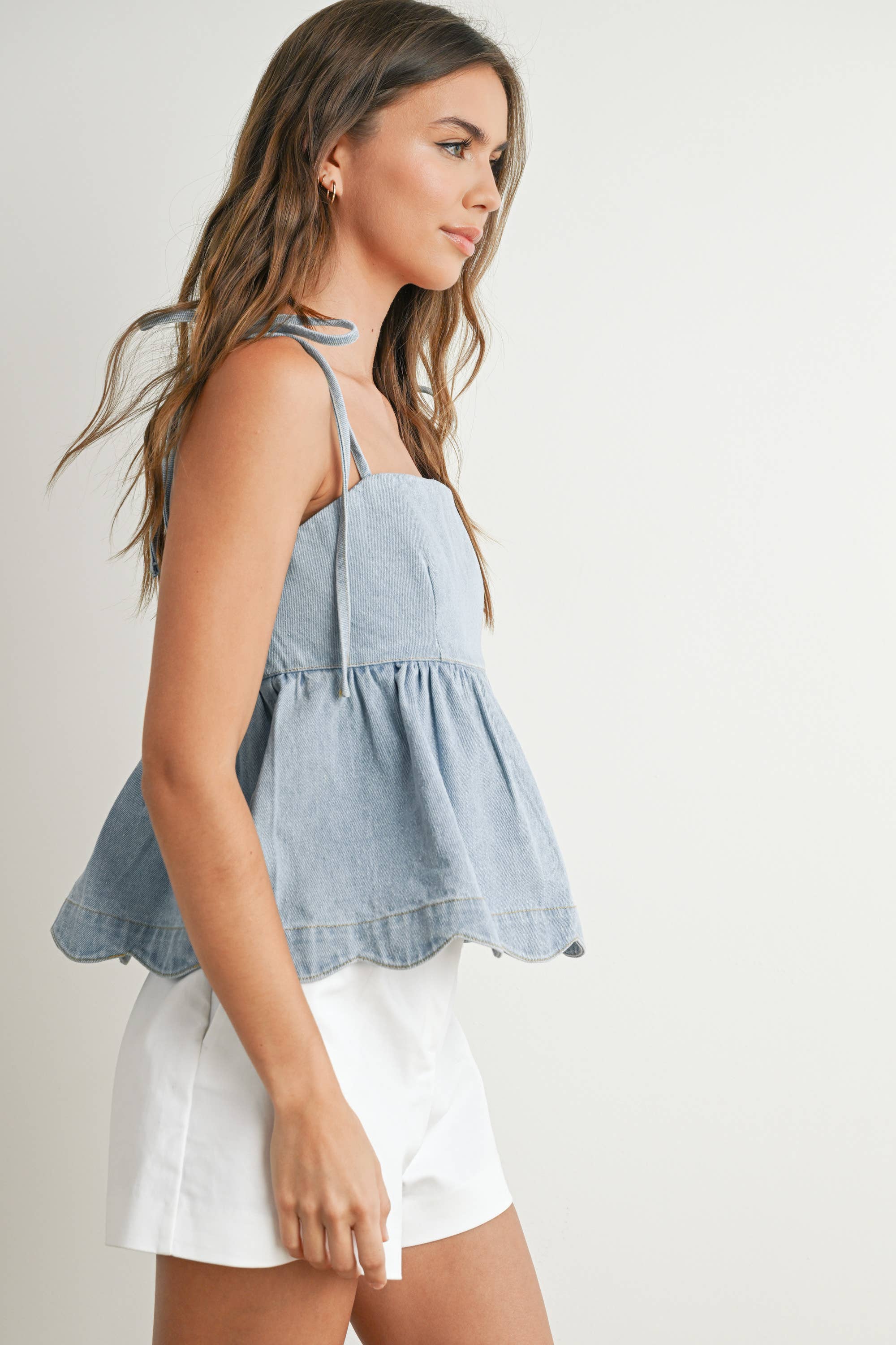 BUTTERMELON - Wholesale Blouse - Women's - Denim Tie-Strap Peplum Top - BMT7722 7