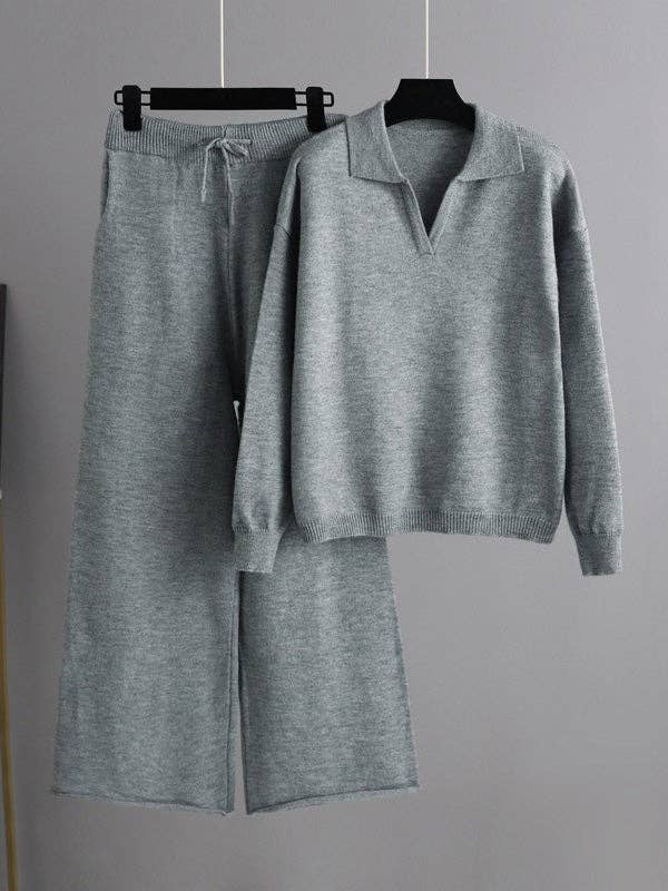 Plush Looks - Vendita all'ingrosso Completo top e pantaloni (NON loungewear) - Donna - Set di due pezzi in maglione polo a maniche lunghe Urban in tinta unita e pantaloni a gamba larga0