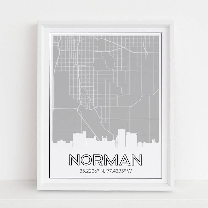 Impression de Norman Oklahoma avec carte, panorama urbain, coordonnées pour la vente par Paperfinch Design