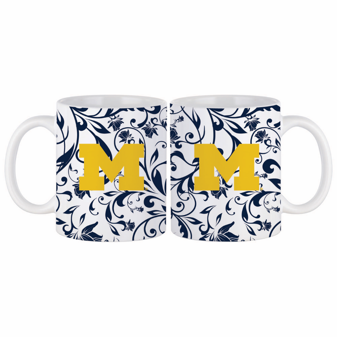Indigo Falls - Wholesale Coffee Mug - 11oz Michigan Wolverines Floral White Mug2