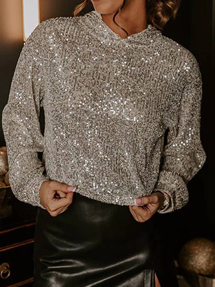 Sequin Hooded Long Sleeve Top for wholesale by FULL TIME PURCHASE