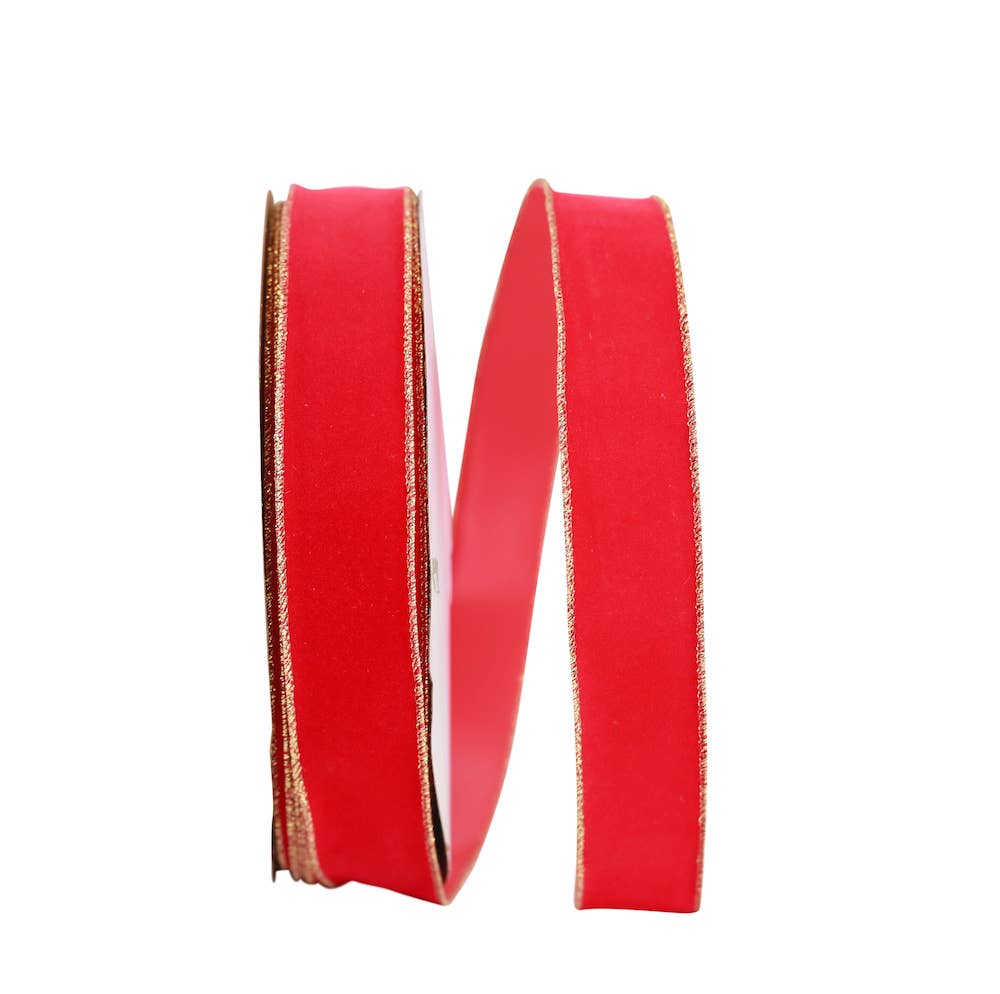 RELIANT RIBBON - Wholesale Ribbon - Gift Wrapping - Velvet Merrowed Wired Edge - Hot Red/Gold 2110