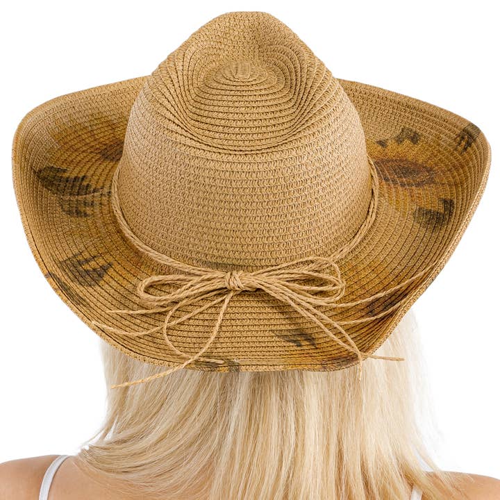 Tan Sunflower Print Wired Taco Brim Paper Straw Cowboy Hat for wholesale on Faire