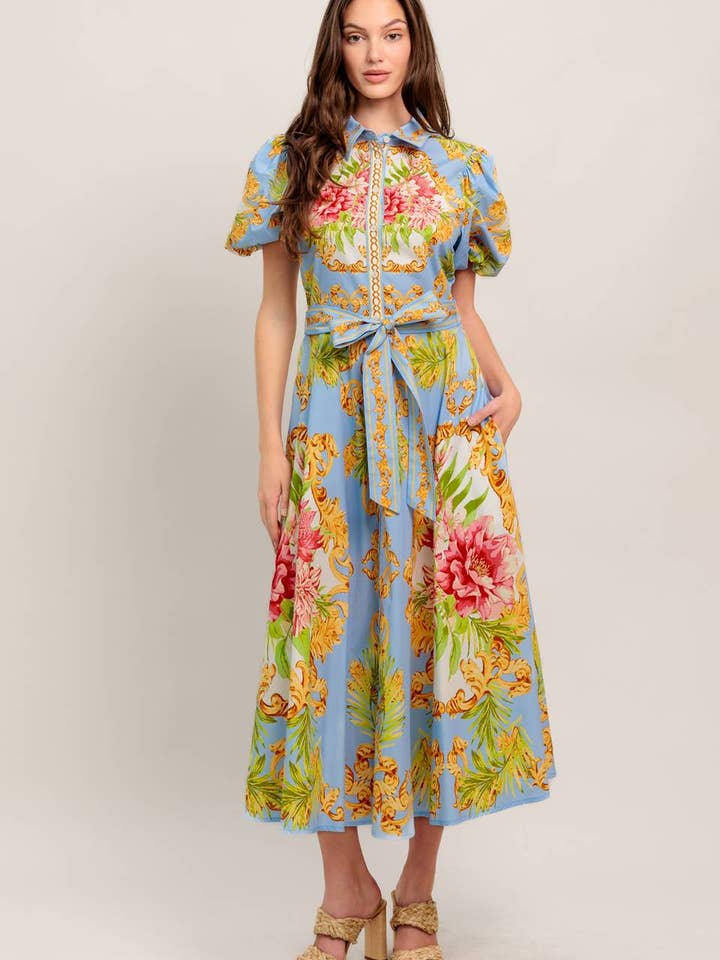 En trykt vævet midikjole - ID23438 for engroshandel hos FLYING TOMATO