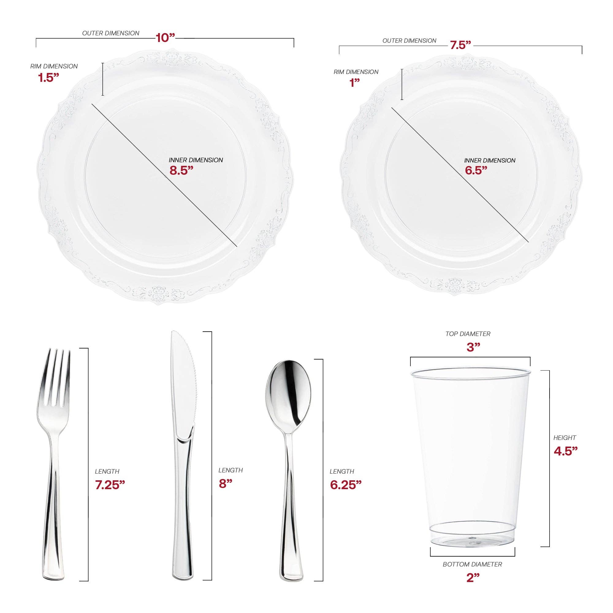 Smarty had a Party - Vendita all'ingrosso Servizio da tavola - Set da matrimonio in plastica trasparente con bordo vintage argento - 60 set1