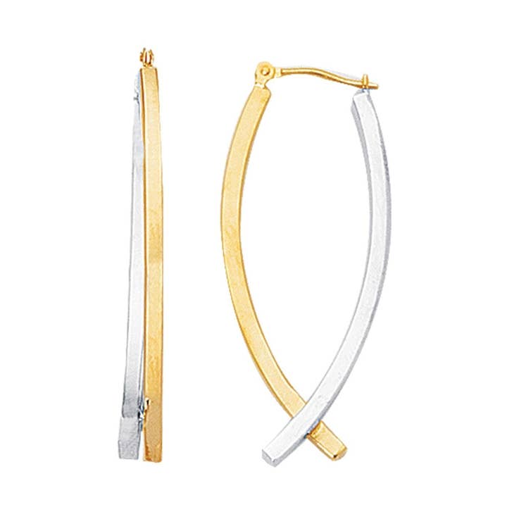 Brinco tipo aro de fileira dupla de tubo quadrado brilhante de ouro amarelo 14K+branco com fecho articulado por atacado de The Diamond Deal