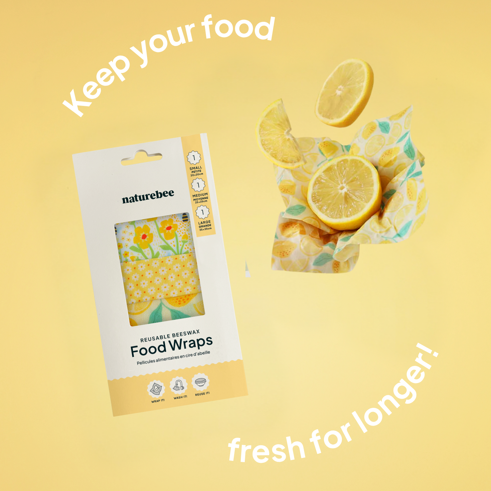 NATURE BEE – Engroshandel Indpakning/pose til opbevaring af mad – Bivoks Wrap Varietssæt - Gul2