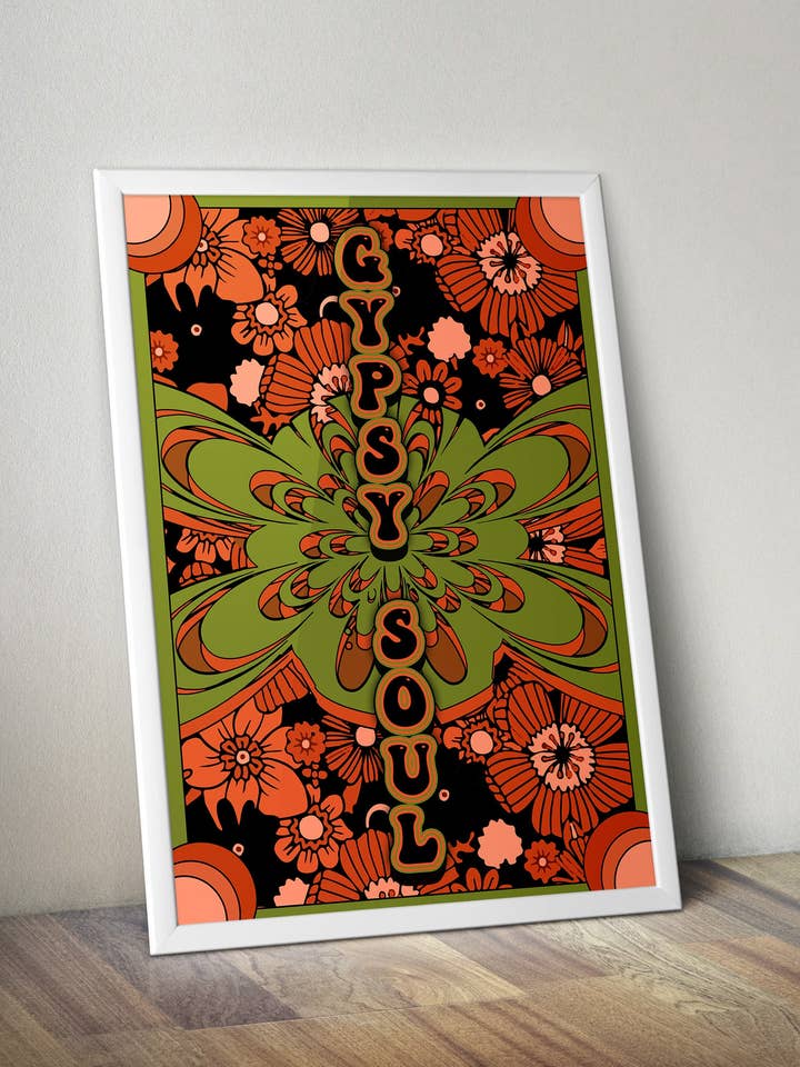 Gypsy Soul psychedelic 70's typography artwork poster print for wholesale by Buba Goods