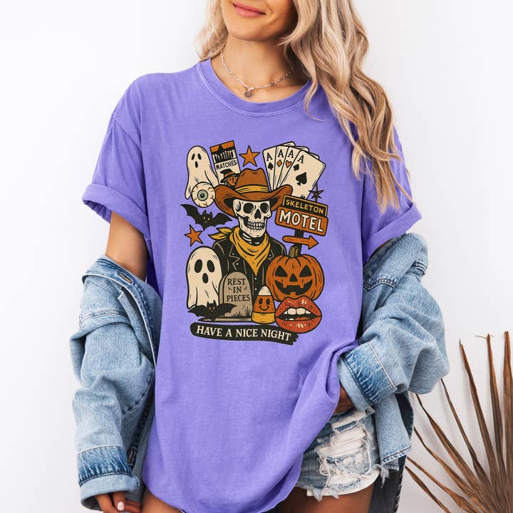 Refinery Number One LLC - Vente T-shirt à imprimés – unisexe - T-shirt rétro squelette motel, classique, vintage Halloween6