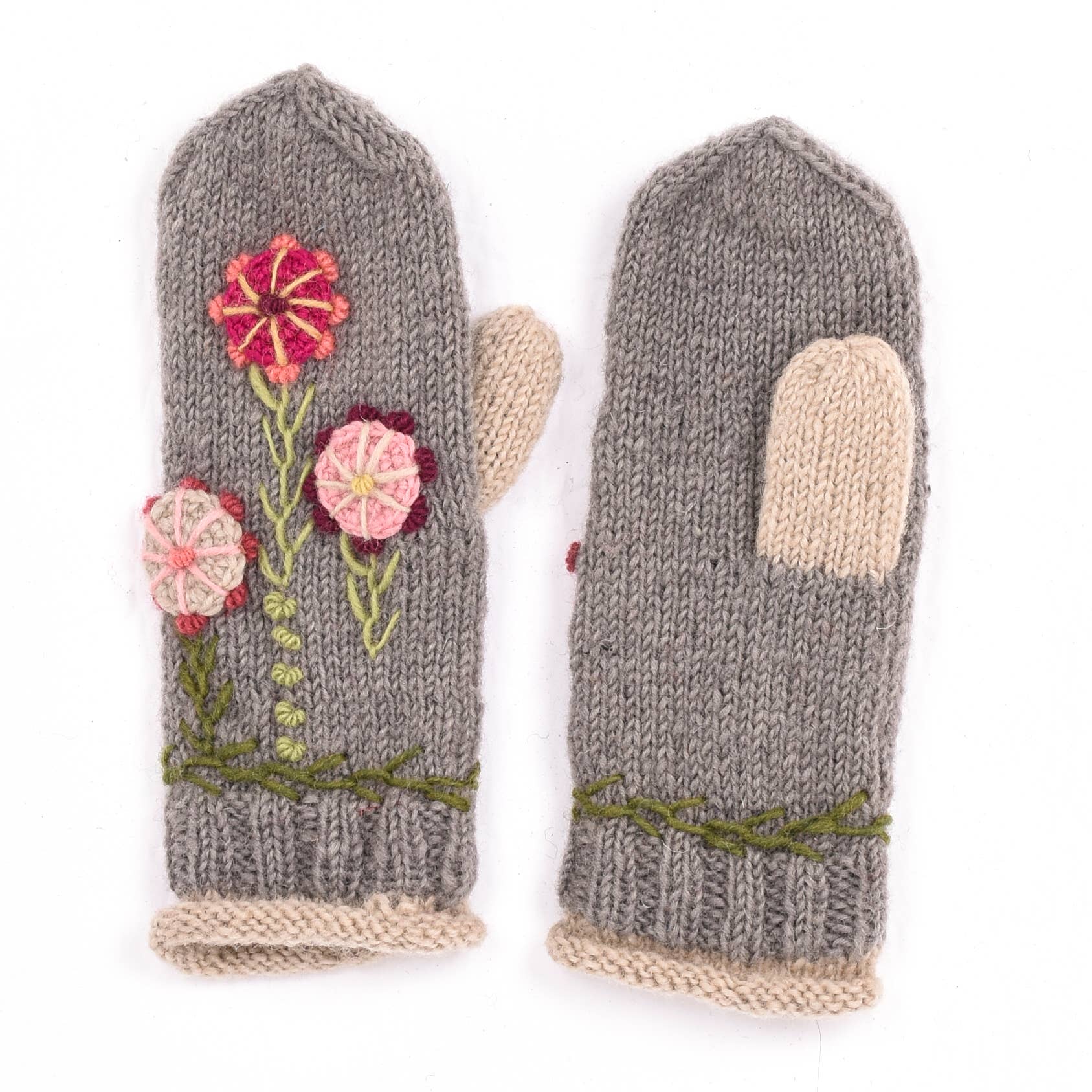 Lost Horizons Canada - Wholesale Mittens - Women's - Maya Mittens – Hand-Knit Wool with 3D Floral Embroidery2