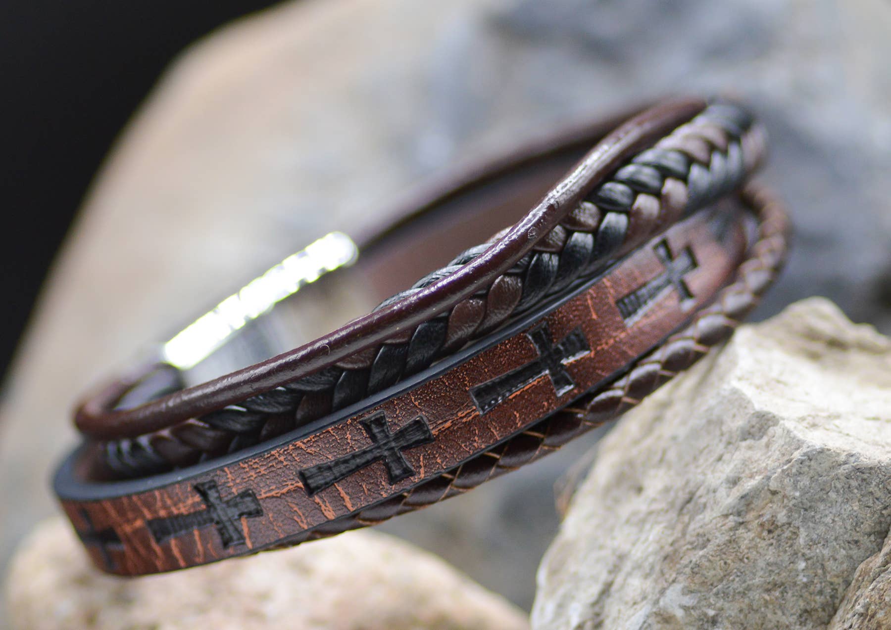 Eden Merry Jewelry by James Lawrence – wholesale Woven/braided bracelet – Cross Leather Stamped Bracelet - Eden Merry Bracelet