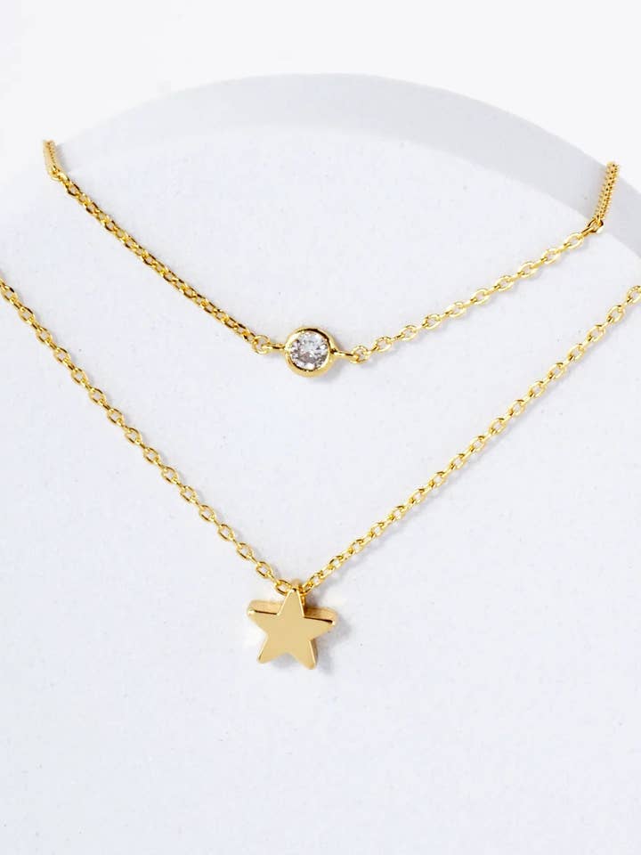 Brass Star CZ Pendant 18K-Gold-Dipped Layered Necklace for wholesale by Wild Honey