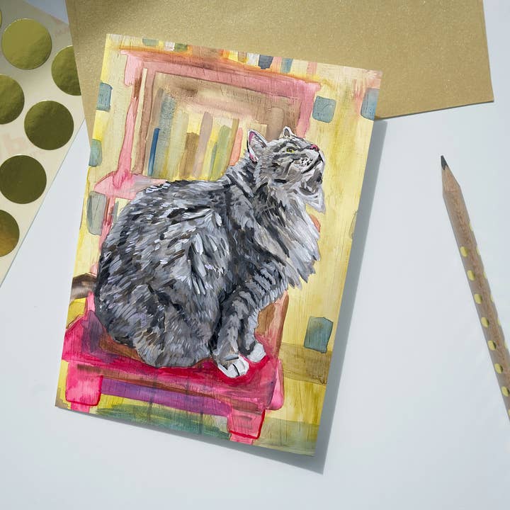 Cat Greeting Card, Gray Maine Coon Cat Design for wholesale by Deking Art