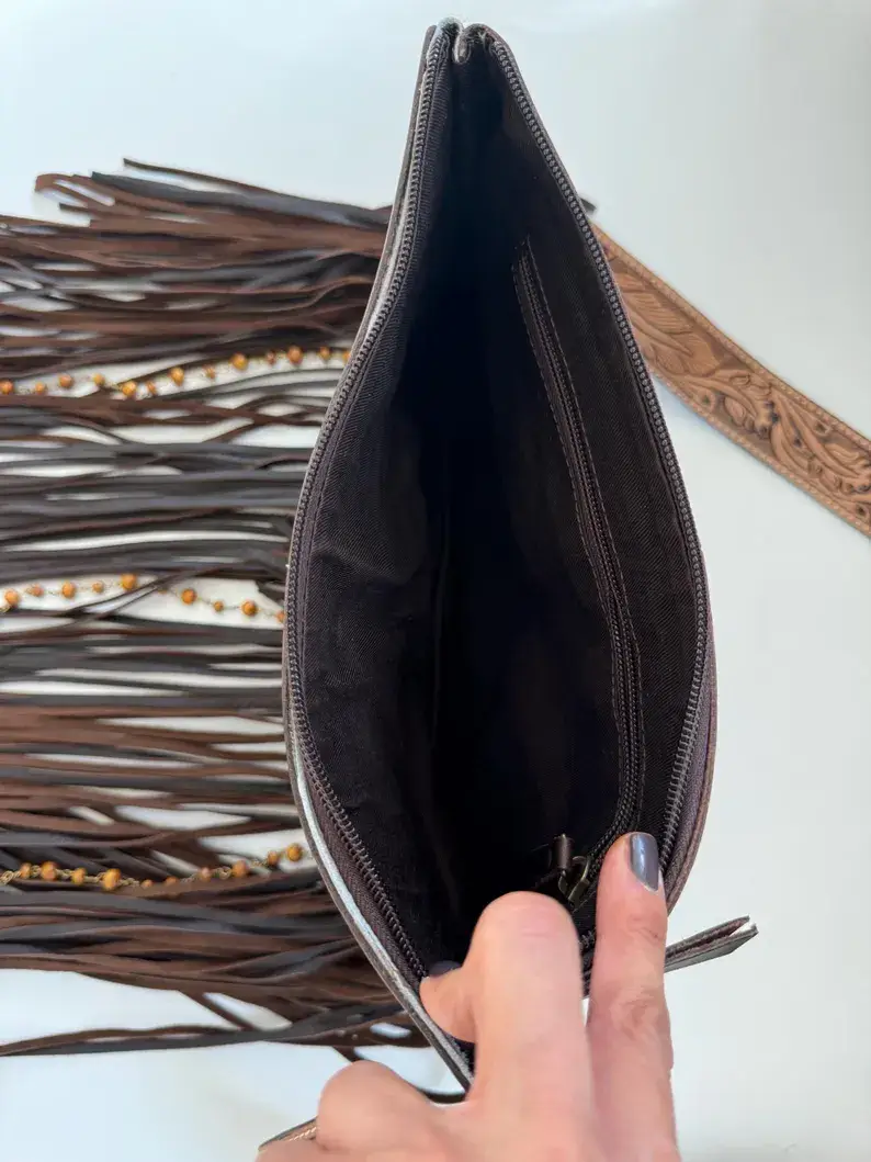 Boho Ranch Shop - Wholesale Crossbody Bag - Women's - DIXIE CROSSBODY cowhide Western Tooled Leather fringe purse2