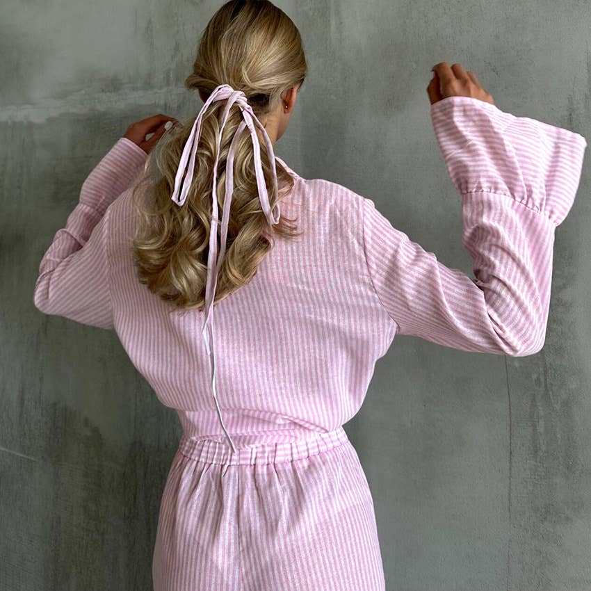 PINK Cozy Striped Pajamas with Delicate Ruffled Edges for wholesale on Faire5
