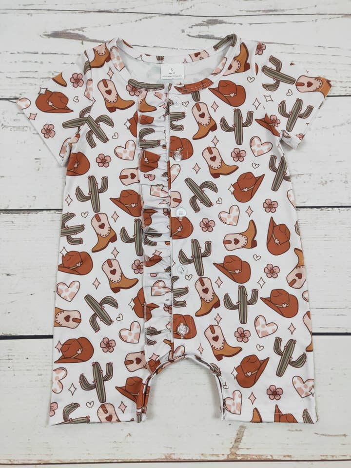 Boots Cactus Western Baby Romper With Ruffle for wholesale by sassy kids palace