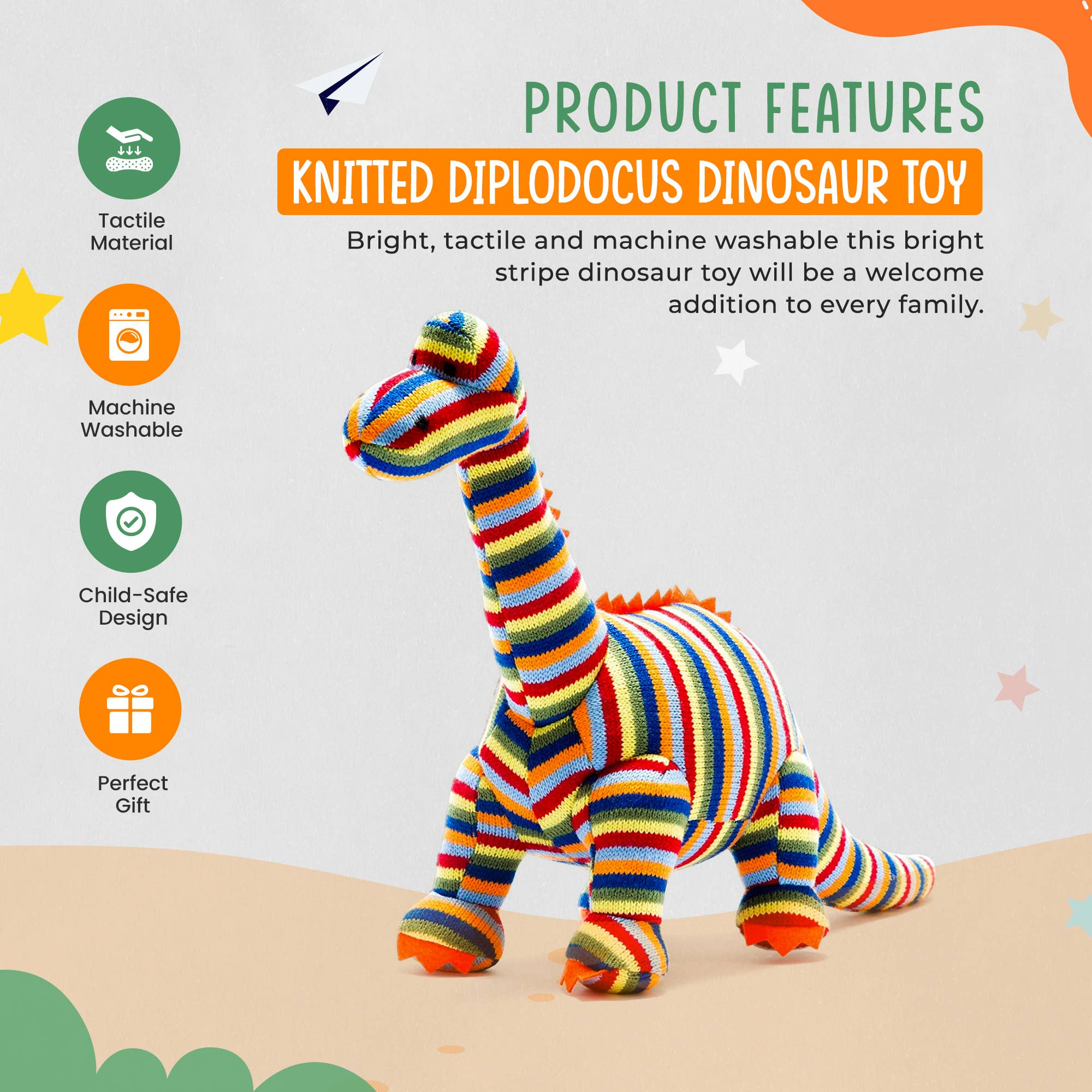 Best Years Ltd – wholesale Stuffed/plush toy – Kids & baby – Knitted Stripe Diplodocus Dinosaur Soft Toy Teddy3