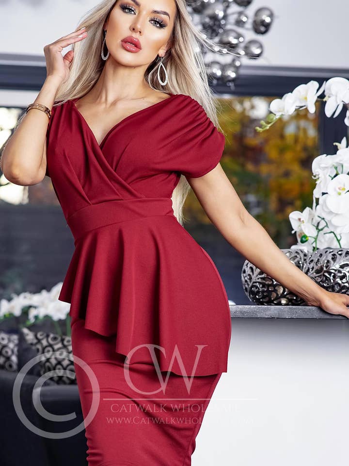 Kara Peplum Midi Bodycon Dress-Wine for wholesale by Catwalk Wholesale