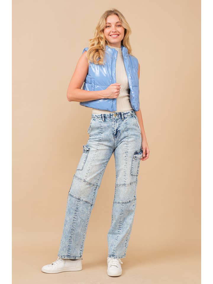 Blue B - Wholesale Outerwear Vest - Women's - 22656J - Gloss Shiny PU Quilted Puffer Zip Up Crop Vest58