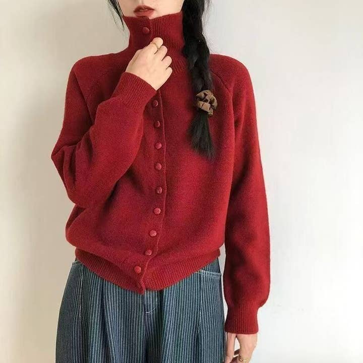 Semi-High Neck Loose Solid Color Cardigan Sweater for wholesale by Sheer Trend