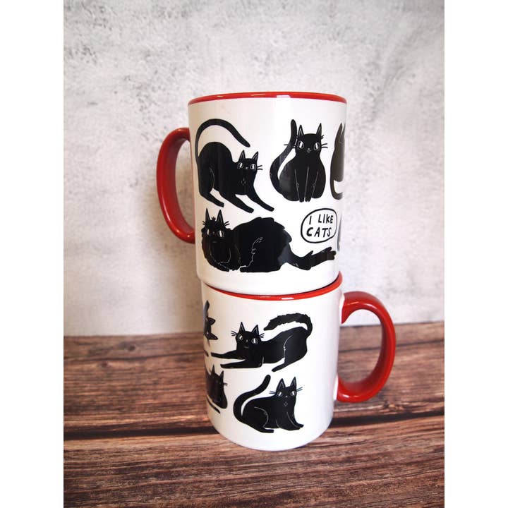I LIKE CATS - Wholesale Coffee mug - Black Cats Coffee Mug, red handle, illustrated mug9