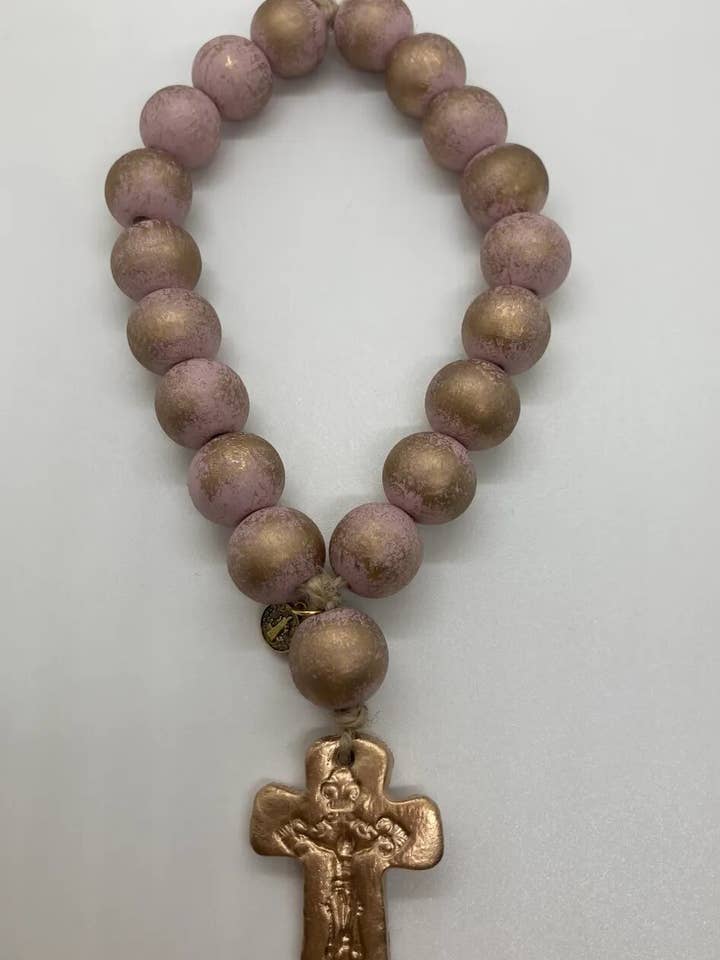 LULU Pink Wood 19 (20mm) Beads With Small Clay Cross for wholesale by RKM Designs