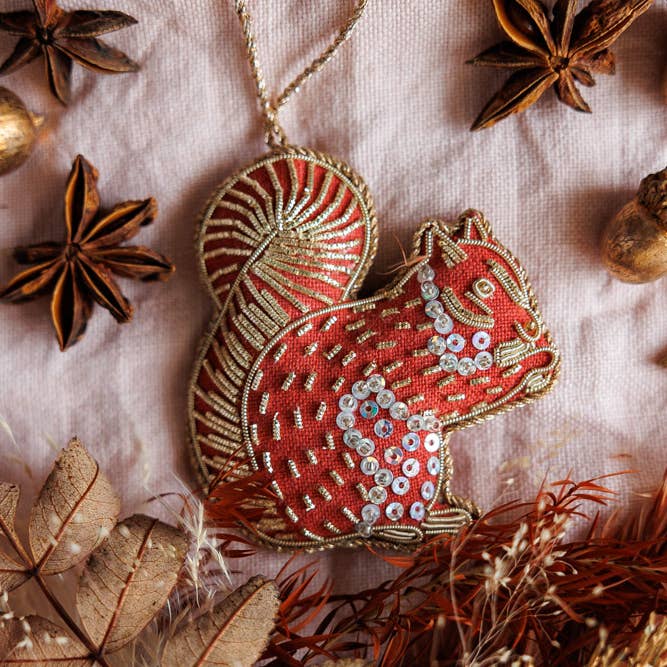 Squirrel in Rust Handmade Irish Linen Christmas Decoration for wholesale by Katie Larmour Linen