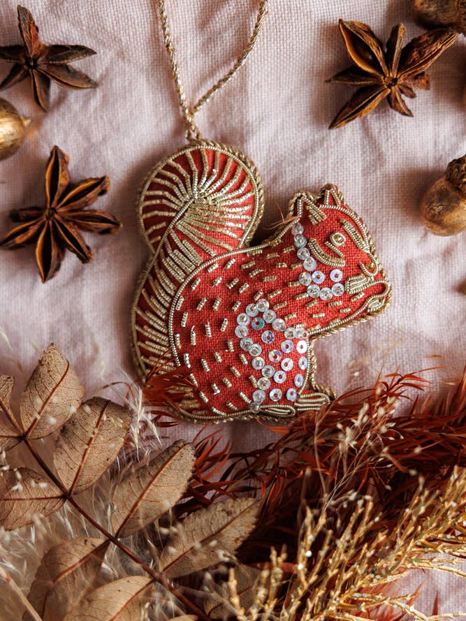 Squirrel in Rust Handmade Irish Linen Christmas Decoration for wholesale by Katie Larmour Linen