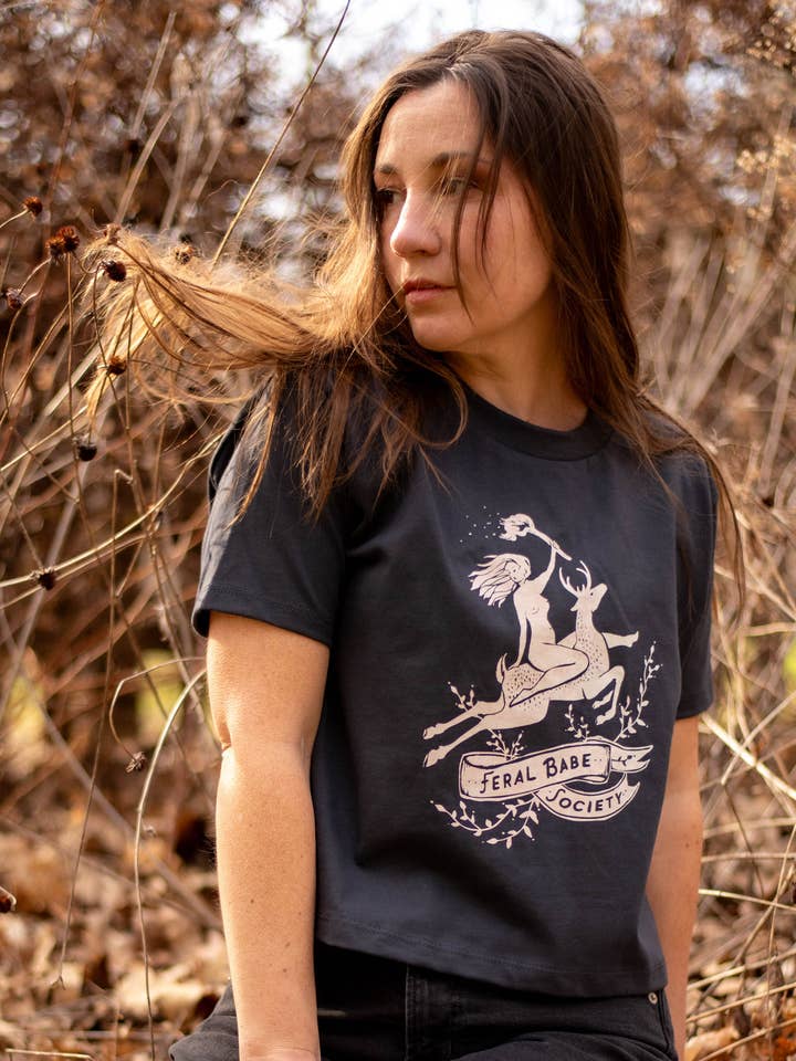 Simka Sol - Wholesale Screen Printed T-Shirt - Women's - Feral Babe Society - Wild Ride - Heavyweight Boxy Tee Charcoal3