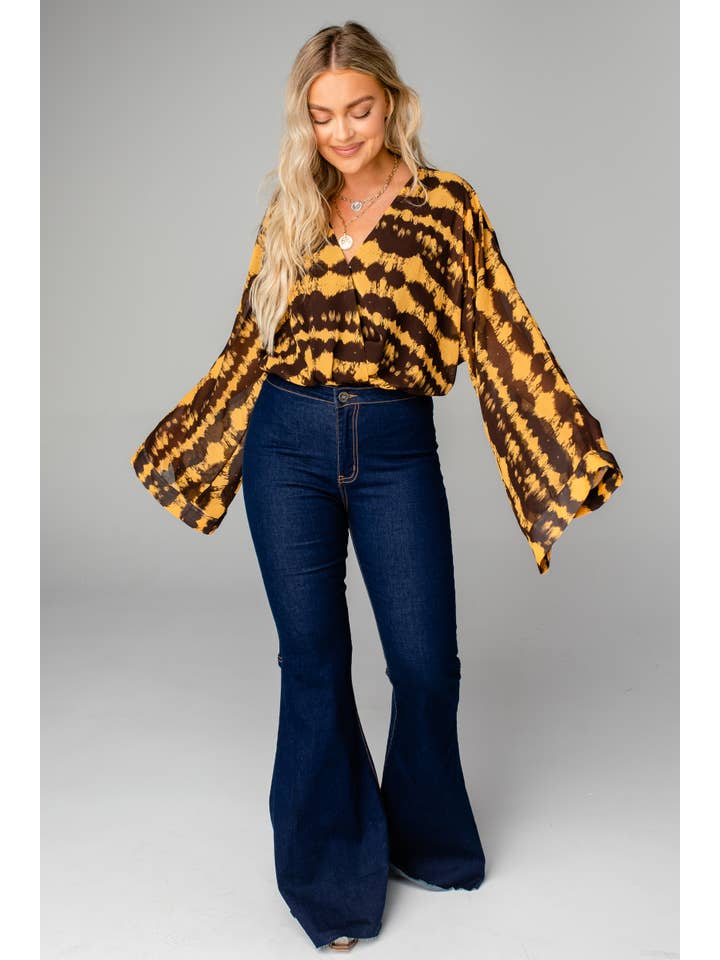 BuddyLove - Wholesale Bodysuit - Women's - Ariana Radioactive Yellow/Brown Bell Sleeve Bodysuit