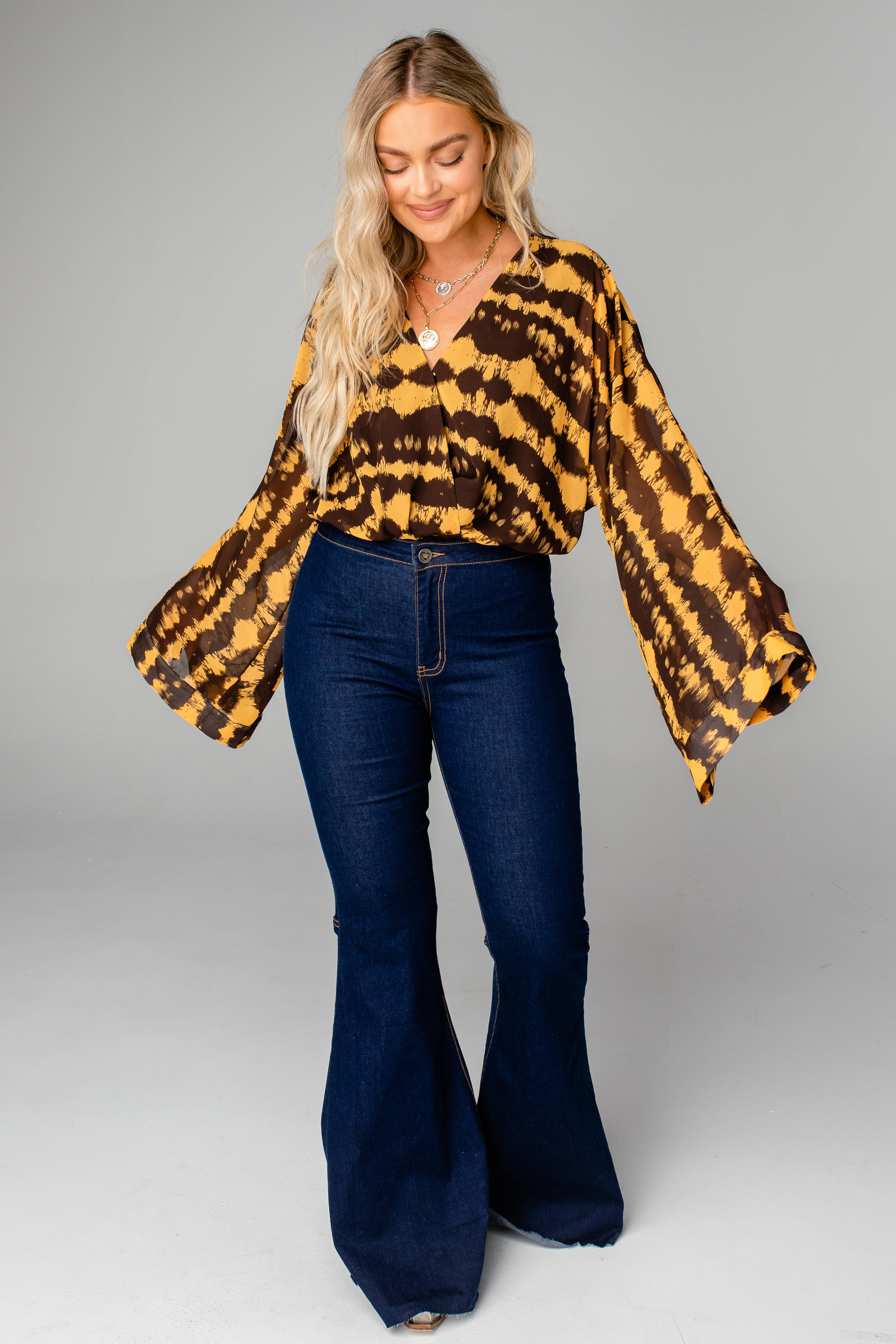 BuddyLove - Wholesale Bodysuit - Women's - Ariana Radioactive Yellow/Brown Bell Sleeve Bodysuit