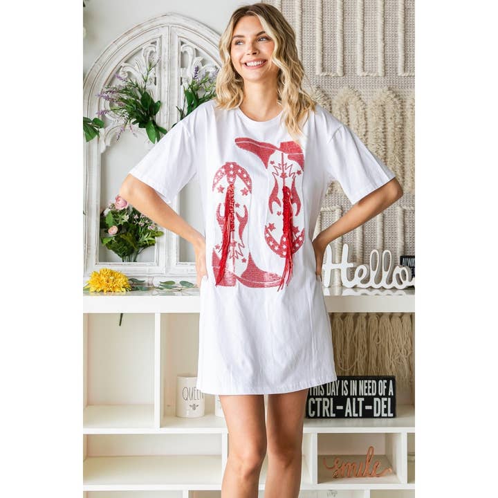 Vit Cowboy Stövlar Paljetter Patch T-shirt Klänning för wholesale på Faire3