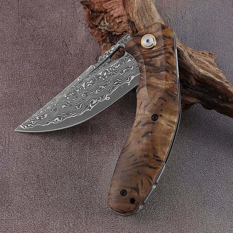 Shokunin USA - Vente Couteau de poche/étui - Couteau de poche Tomahawk Damascus avec manche en bois d'olivier1