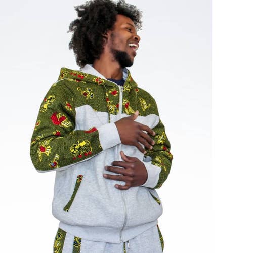 Sudadera con capucha de estampado africano verde y gris para venta al por mayor de WHOLIFECO