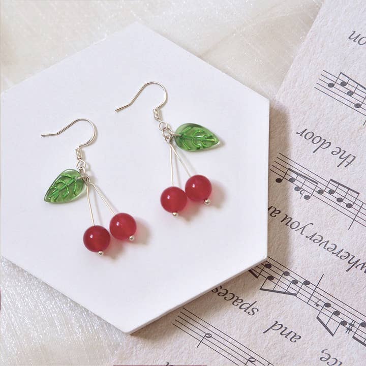 Haengseongworkshop - Wholesale Dangle Earrings - S925 Cherry Fruit Dangle 8mm Red Jade 15mm Leaves Earrings