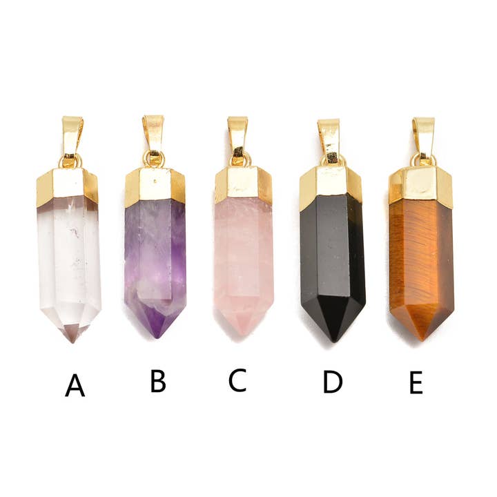 Pendentif Pointe Pendule en Pierre Multi Cristal Plaqué Or 8x26mm Quartz Clair Améthyste Quartz Rose Obsidienne Noire Œil de Tigre pour la vente par CRCBEADS
