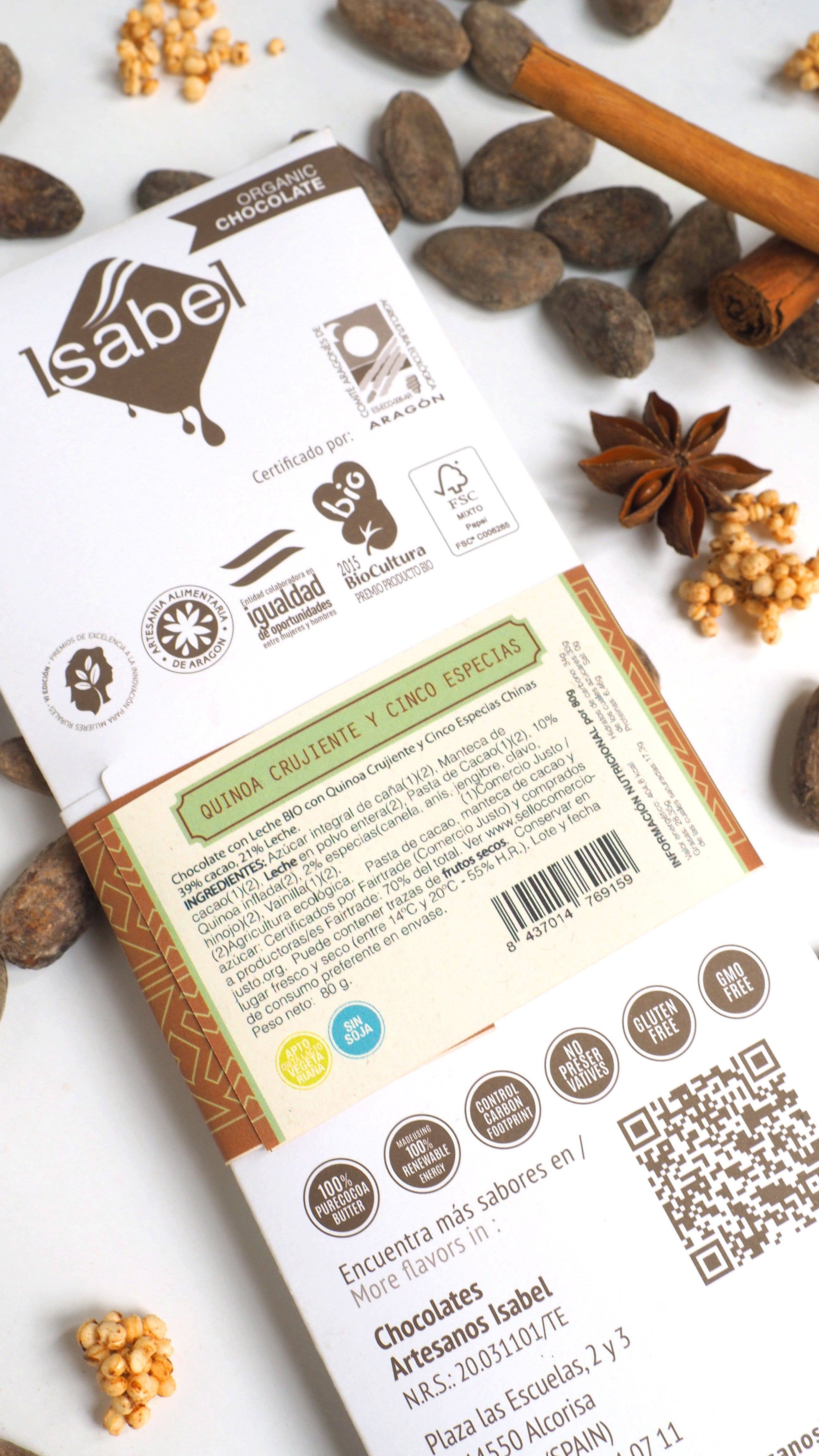 CHOCOLATES ARTESANOS ISABEL - Wholesale Chocolate Bar - BIO Chocolate tablet with MILK and crunchy QUINOA. 10u box1