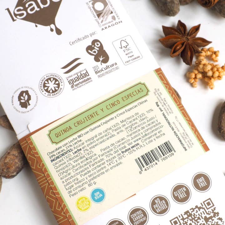CHOCOLATES ARTESANOS ISABEL - Wholesale Chocolate Bar - BIO Chocolate tablet with MILK and crunchy QUINOA. 10u box1