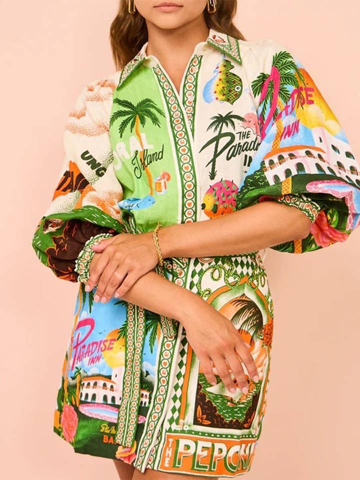 MULTICOLOR PRINTED SHIRT CARDIGAN DRESS for wholesale on Faire