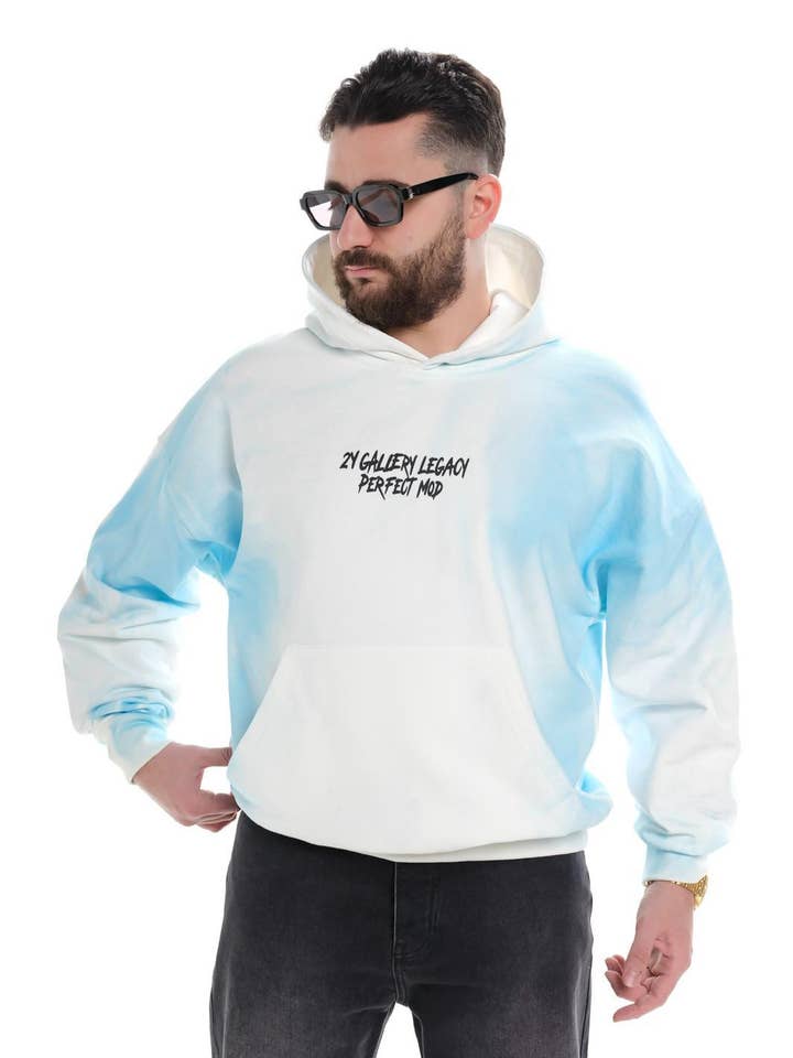 Mens Ecru Blue Oversized Graphic Hoodie Streetwear HG-245 for wholesale by Monocloth