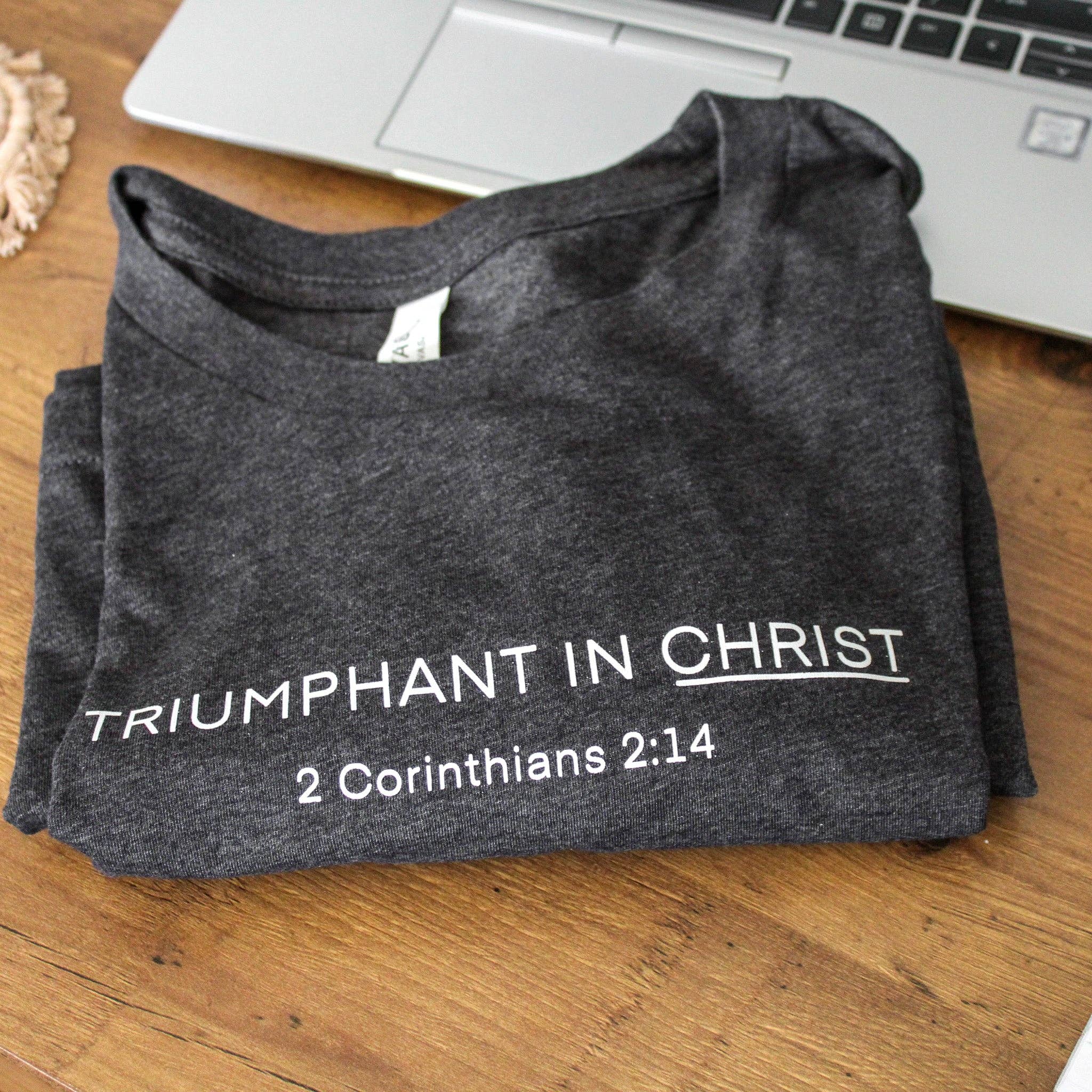 Common Grace Print Shop - Wholesale Screen Printed T-Shirt - Women's - Triumphant in Christ UNISEX Short-Sleeve T-Shirt (Color: Heathered Charcoal)8